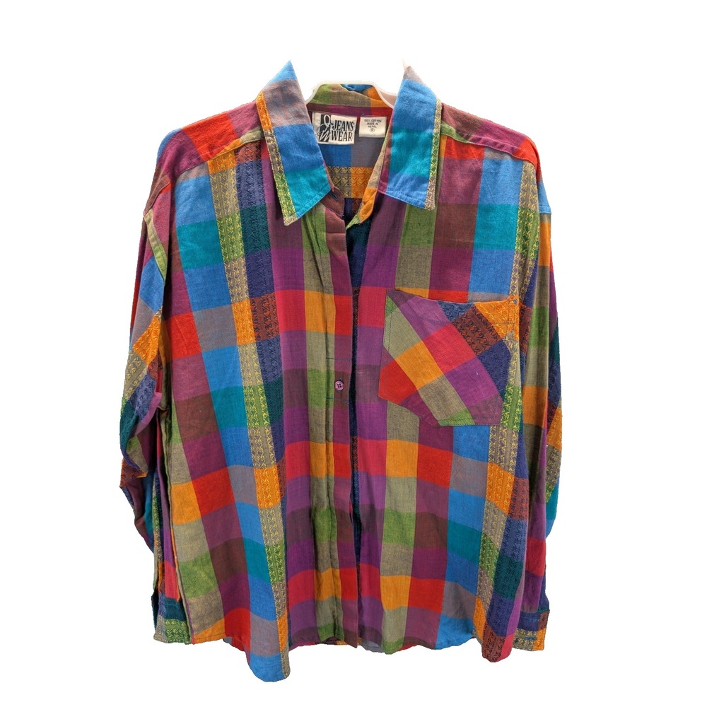 Vintage Jeans Wear Women's LS Shirt Button Up 100% Cotton Made In Nepal Colorful